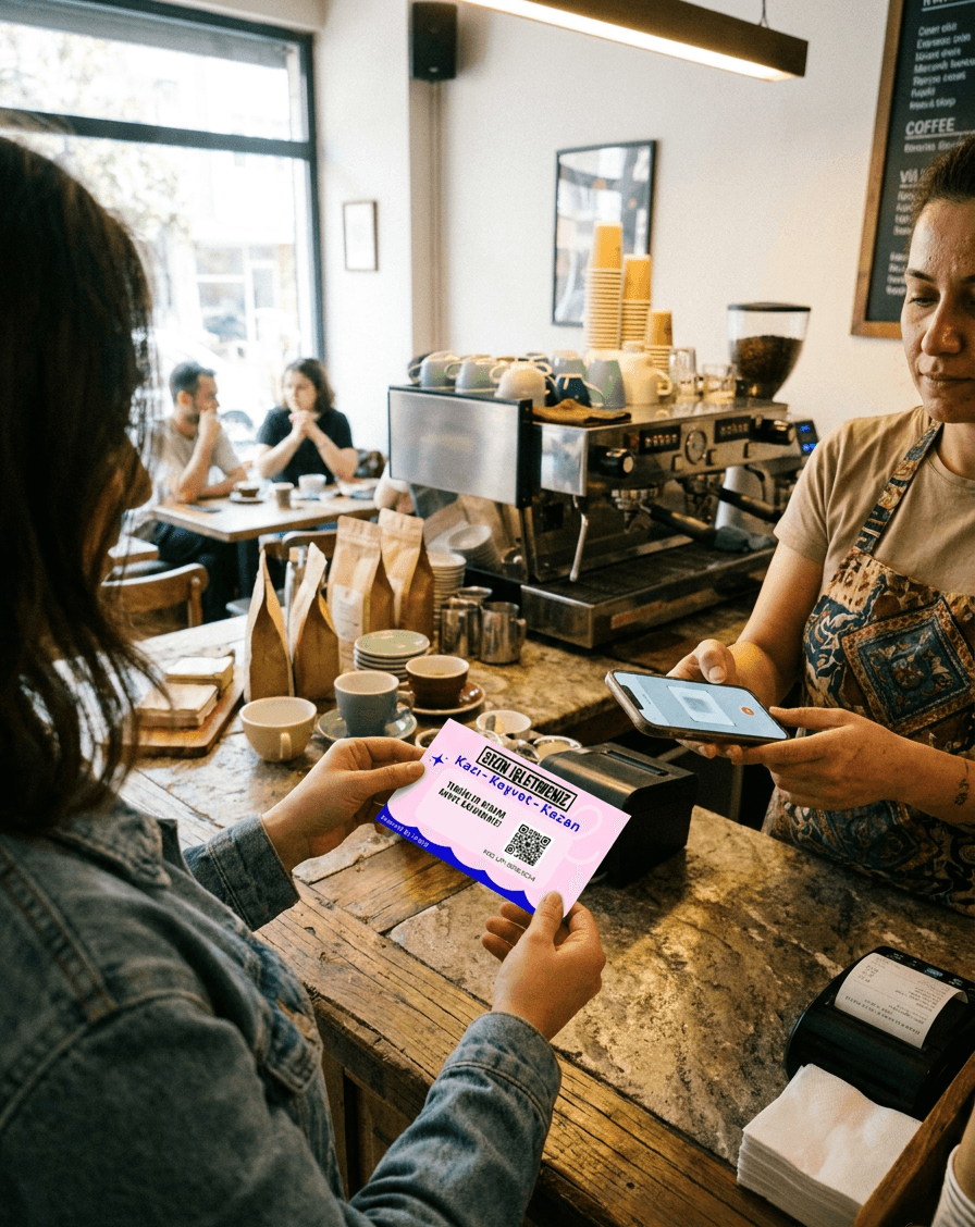 Müşteri Looply kartını kasada gösteriyor, kasiyer QR kodu okutuyor